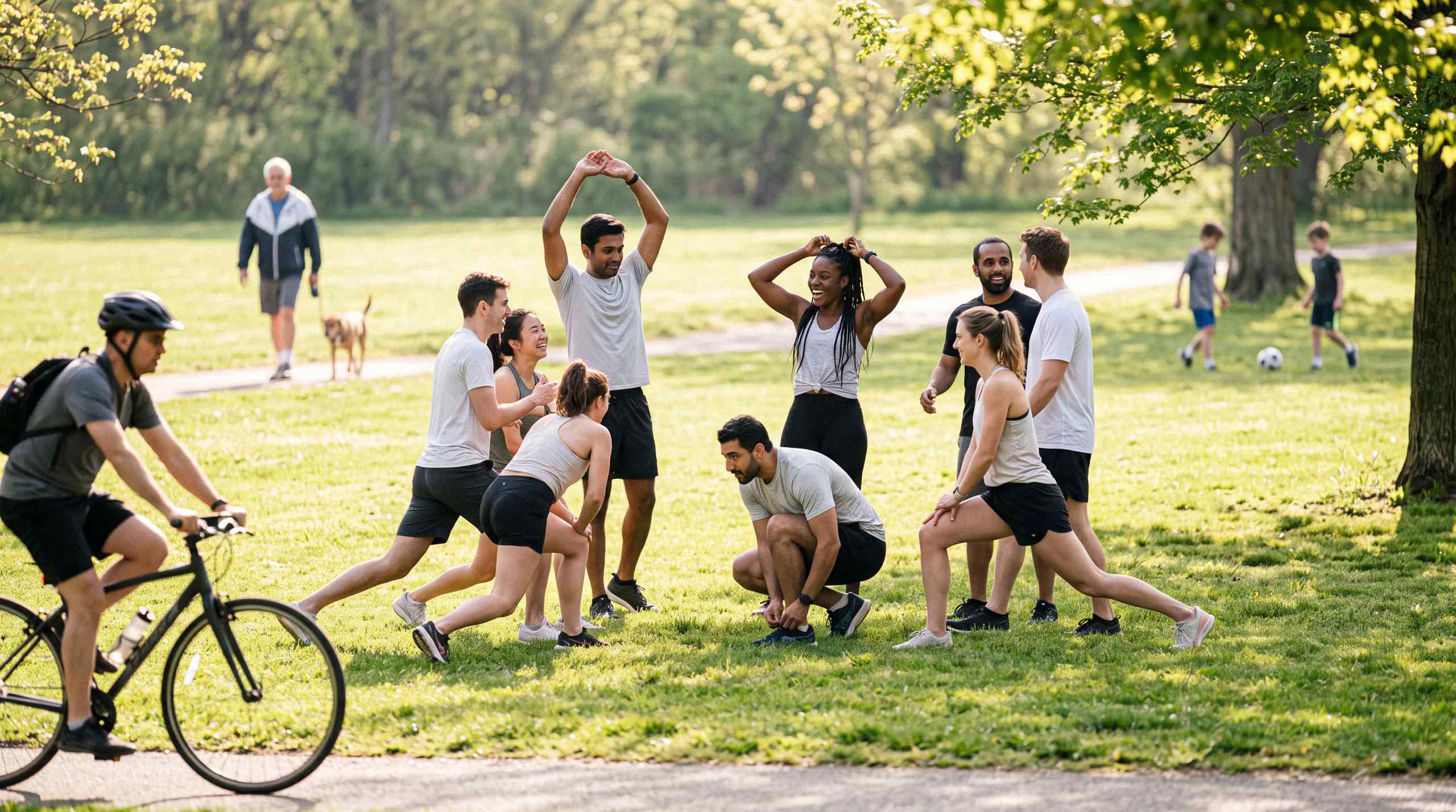 A group of runners stretching in a park.